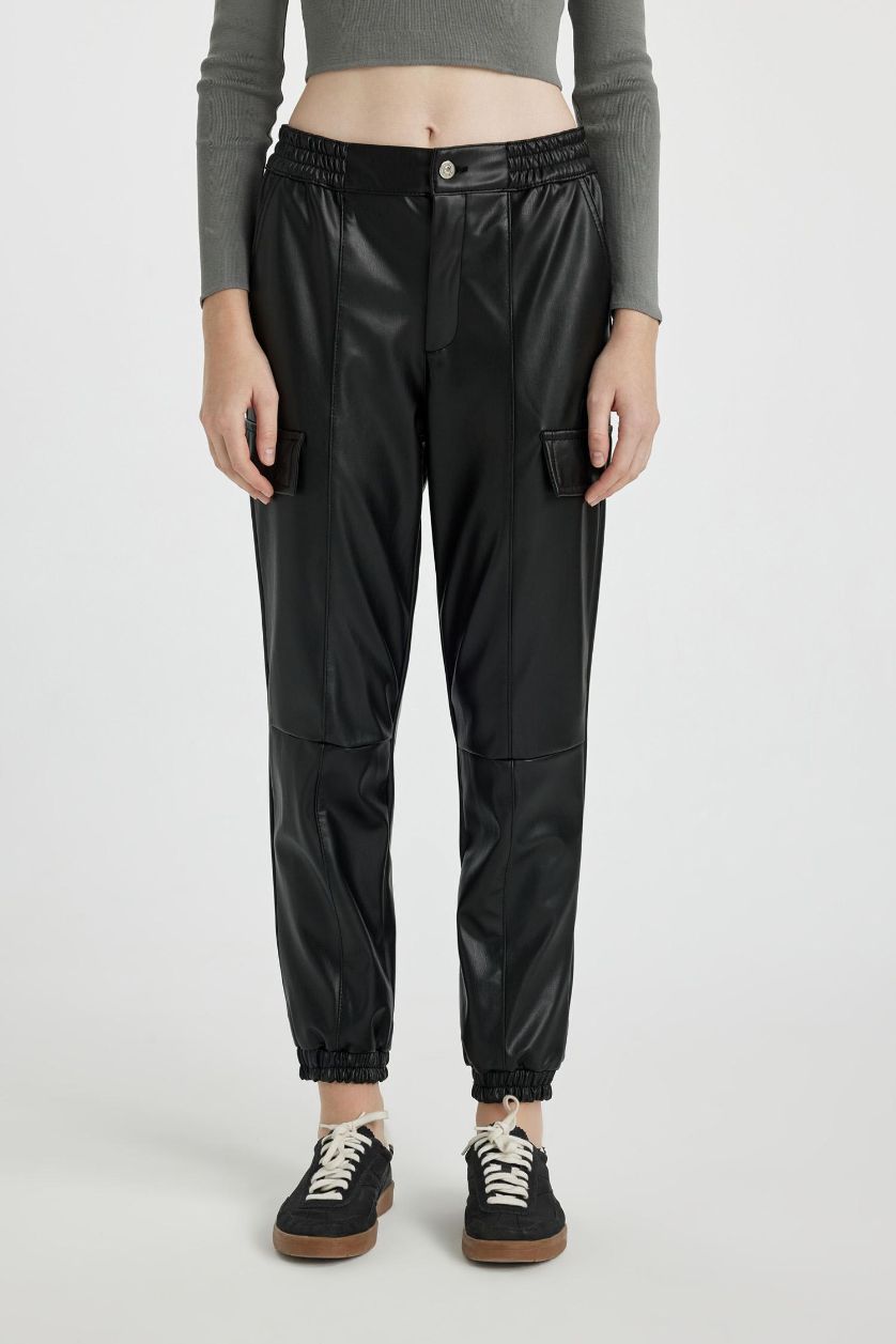 WOMAN Black Cargo Jogger Faux Leather Trousers