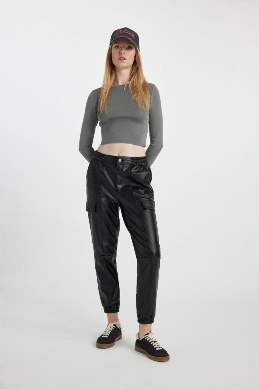 WOMAN Black Cargo Jogger Faux Leather Trousers