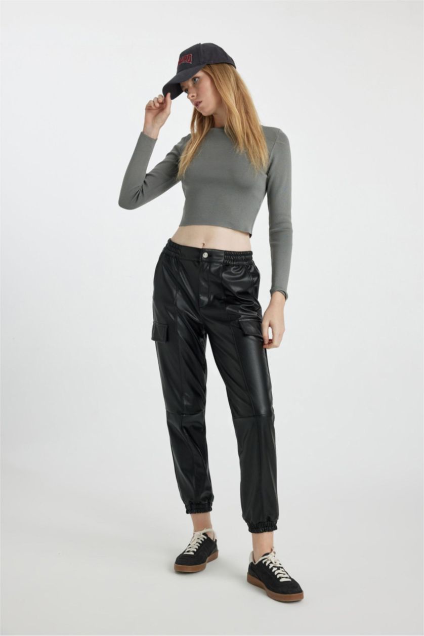 WOMAN Black Cargo Jogger Faux Leather Trousers