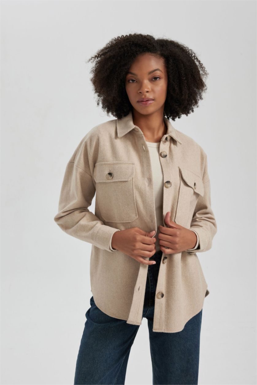 WOMAN Light Beige Oversize Fit Flannel Long Sleeve Shirt Tunic