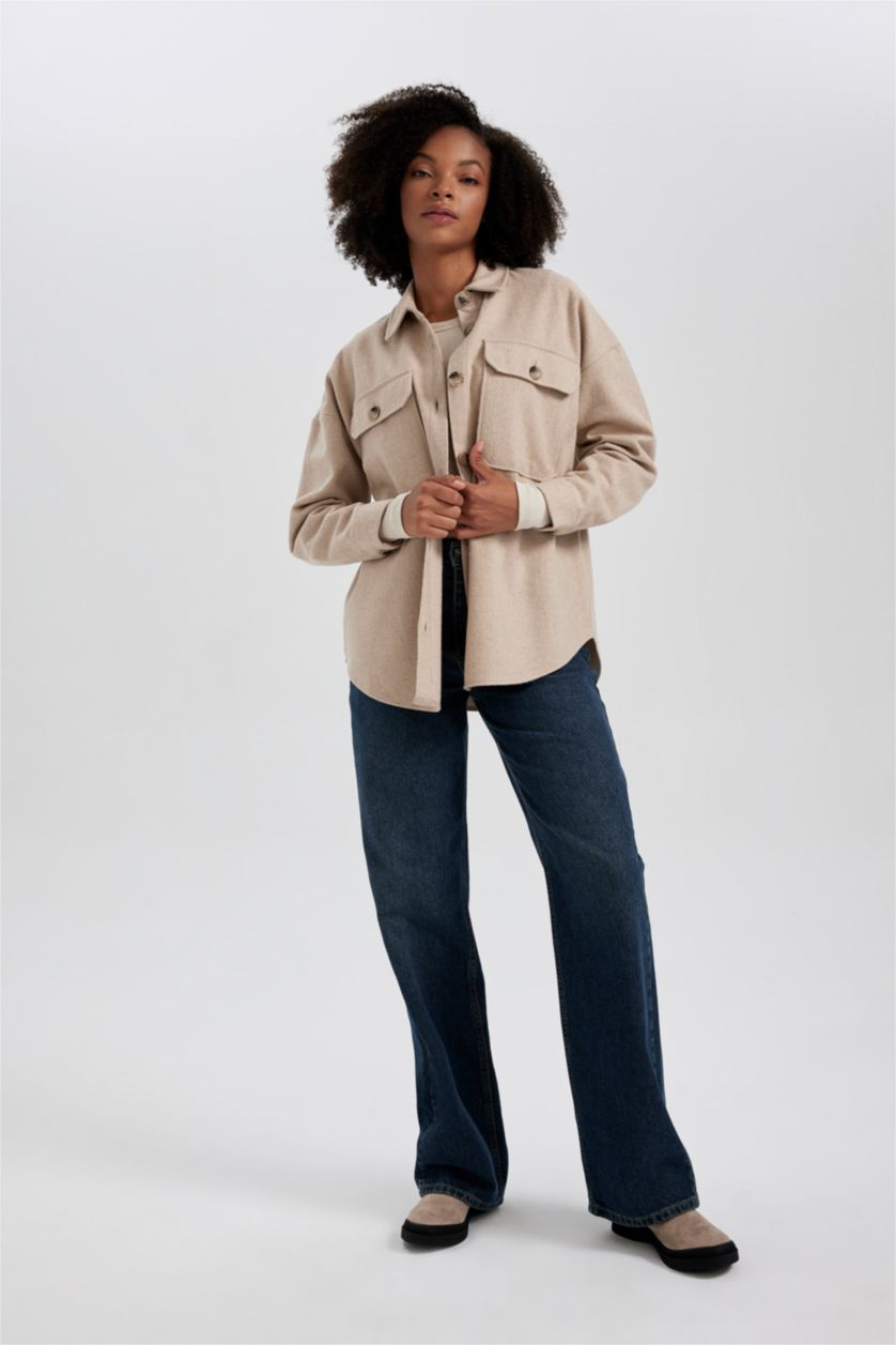 WOMAN Light Beige Oversize Fit Flannel Long Sleeve Shirt Tunic