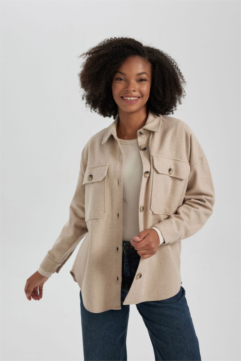 WOMAN Light Beige Oversize Fit Flannel Long Sleeve Shirt Tunic