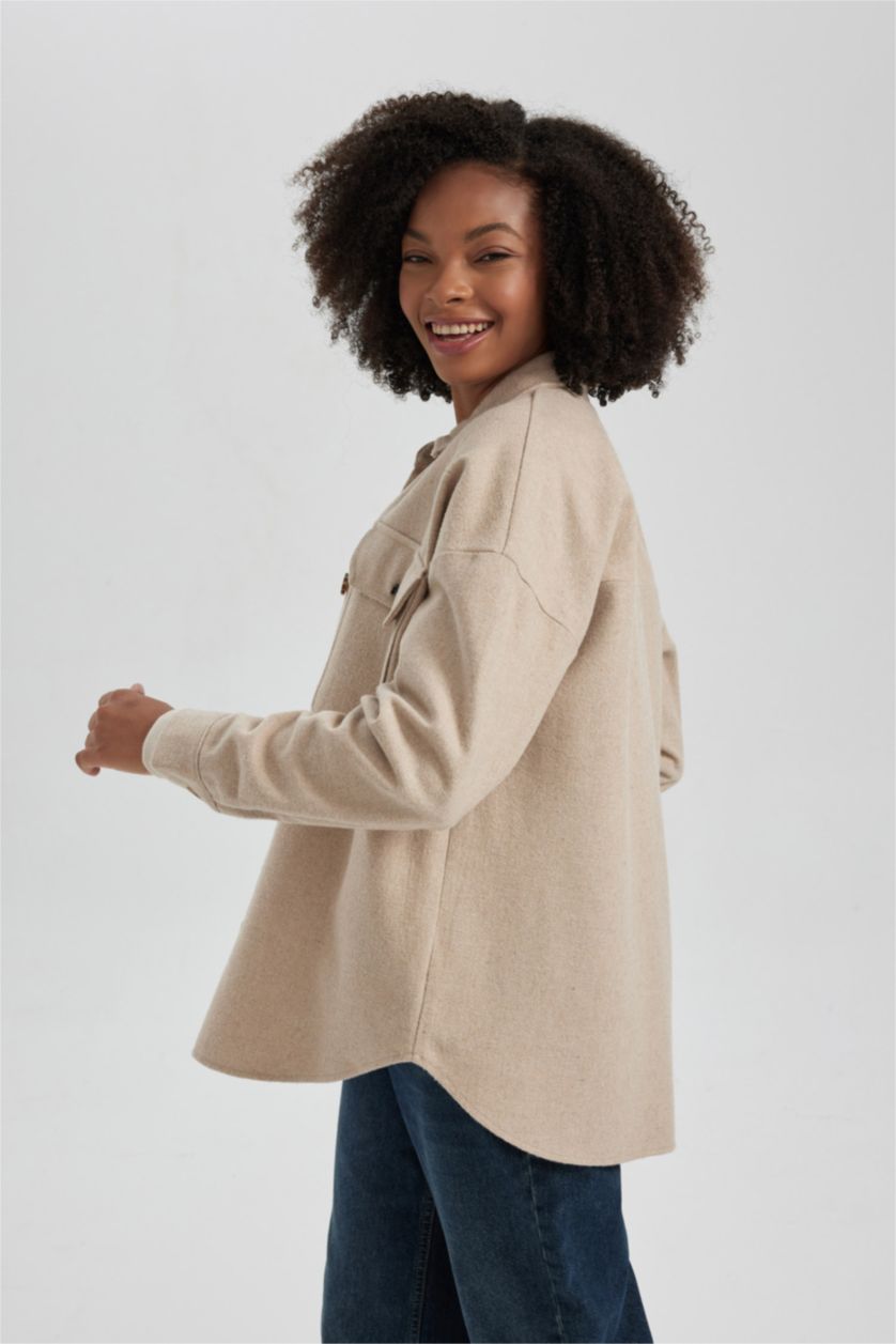 WOMAN Light Beige Oversize Fit Flannel Long Sleeve Shirt Tunic