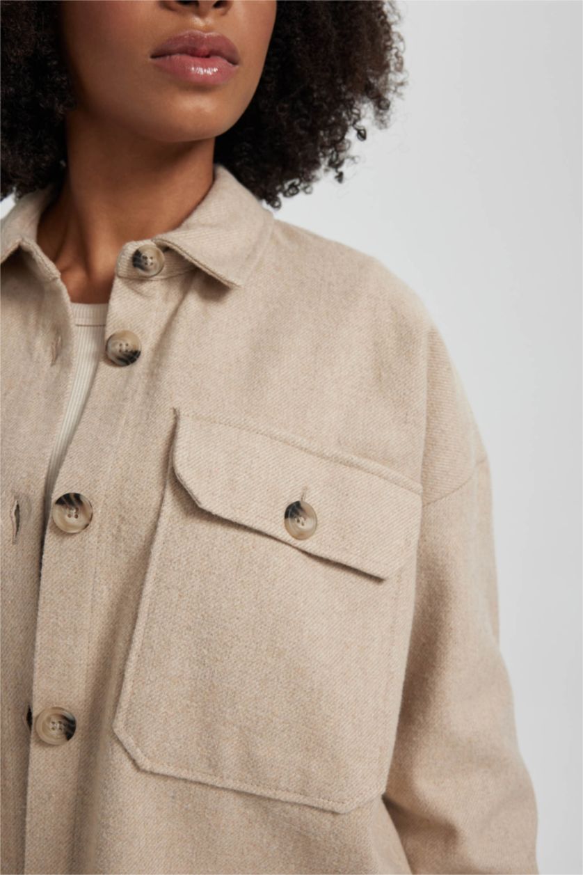 WOMAN Light Beige Oversize Fit Flannel Long Sleeve Shirt Tunic