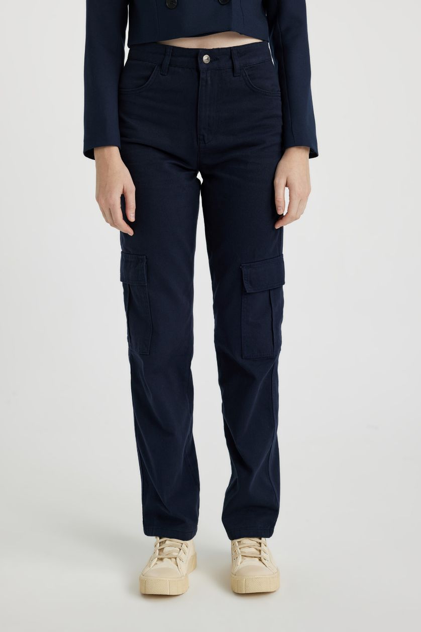 Woman NAVY Straight Fit Cargo Gabardine Trousers