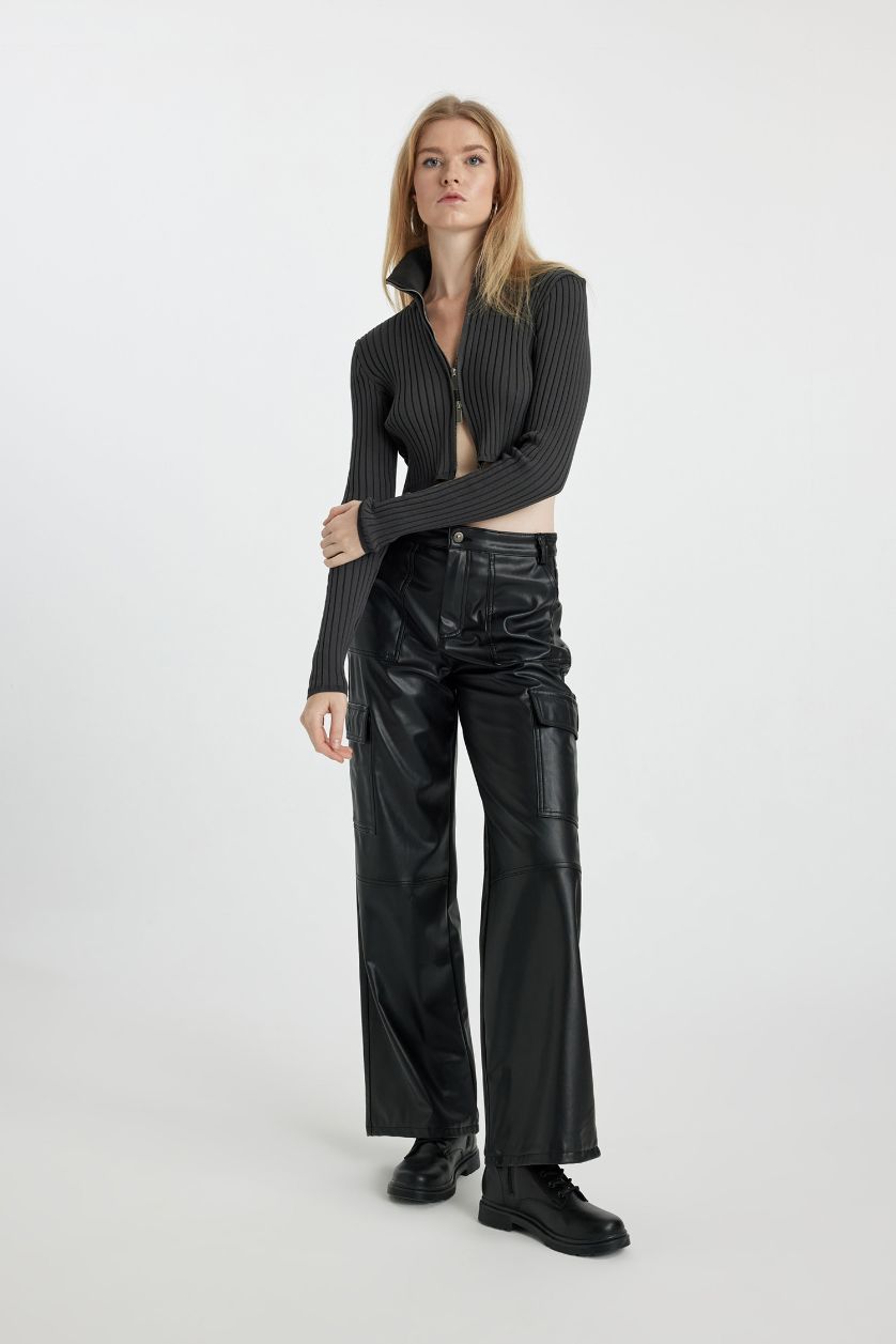 WOMAN Black Wide Leg Cargo Faux Leather Trousers