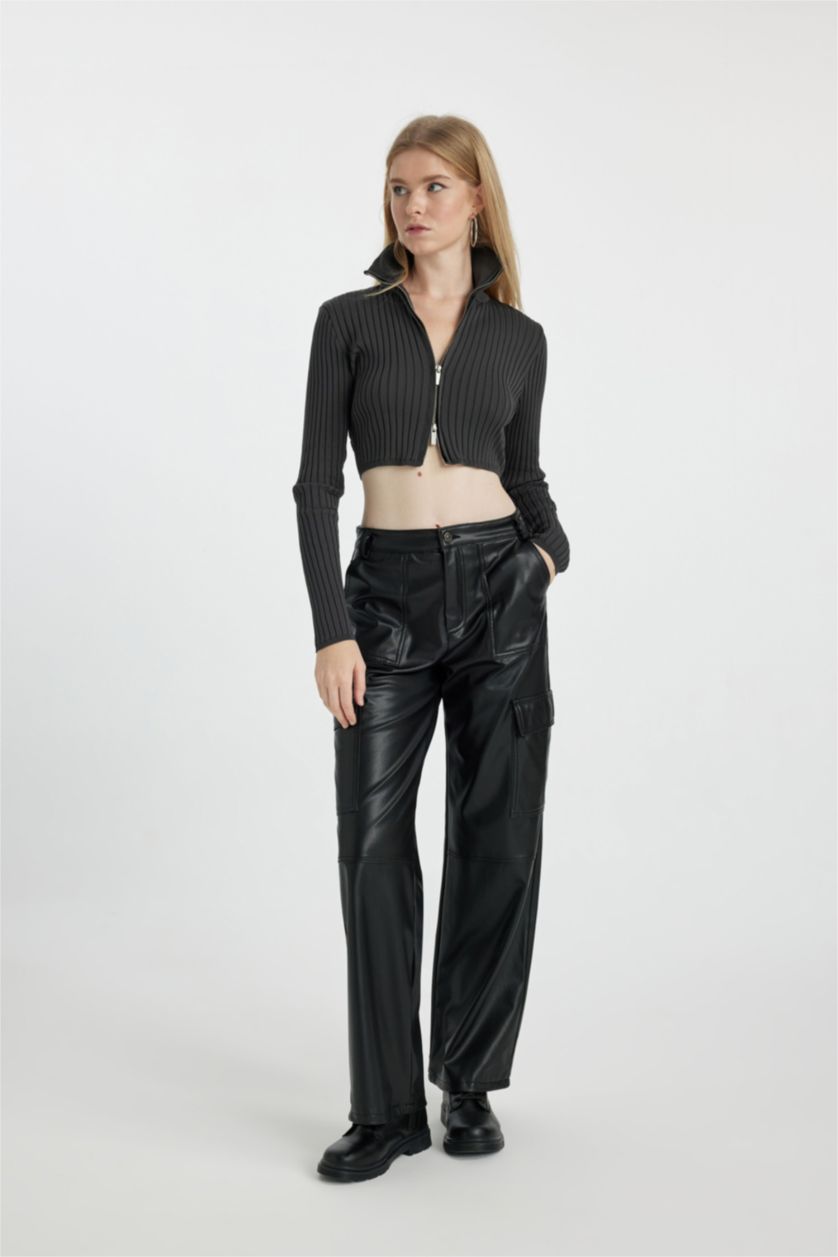 WOMAN Black Wide Leg Cargo Faux Leather Trousers