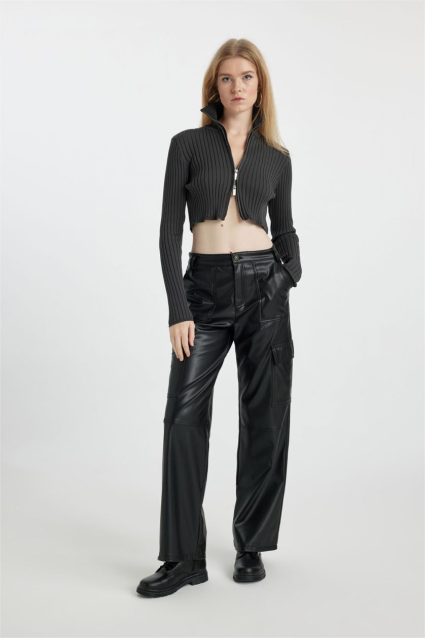 WOMAN Black Wide Leg Cargo Faux Leather Trousers