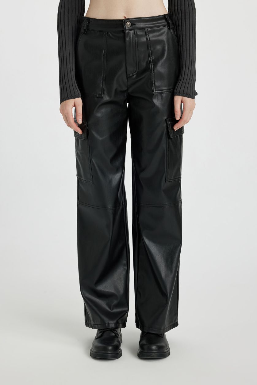 WOMAN Black Wide Leg Cargo Faux Leather Trousers