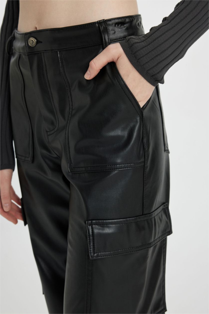 WOMAN Black Wide Leg Cargo Faux Leather Trousers