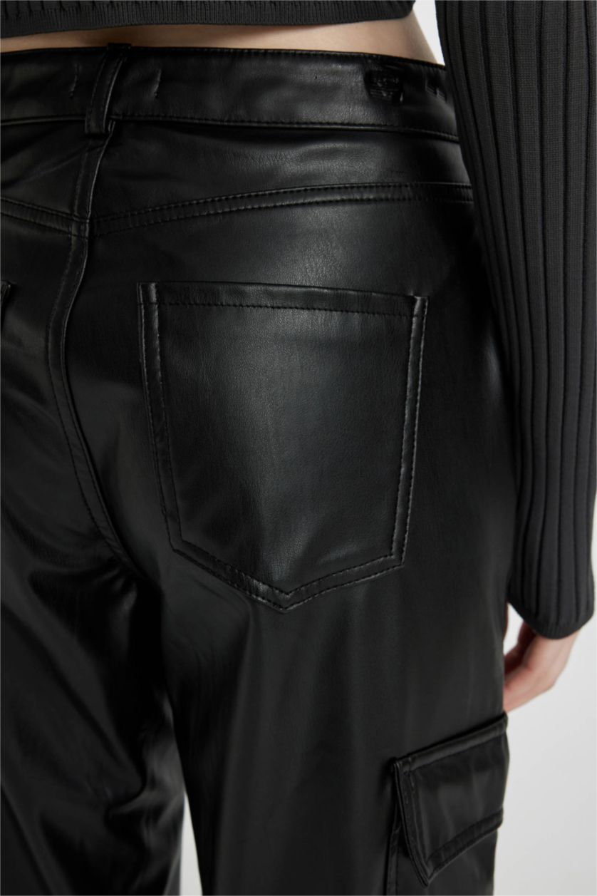WOMAN Black Wide Leg Cargo Faux Leather Trousers