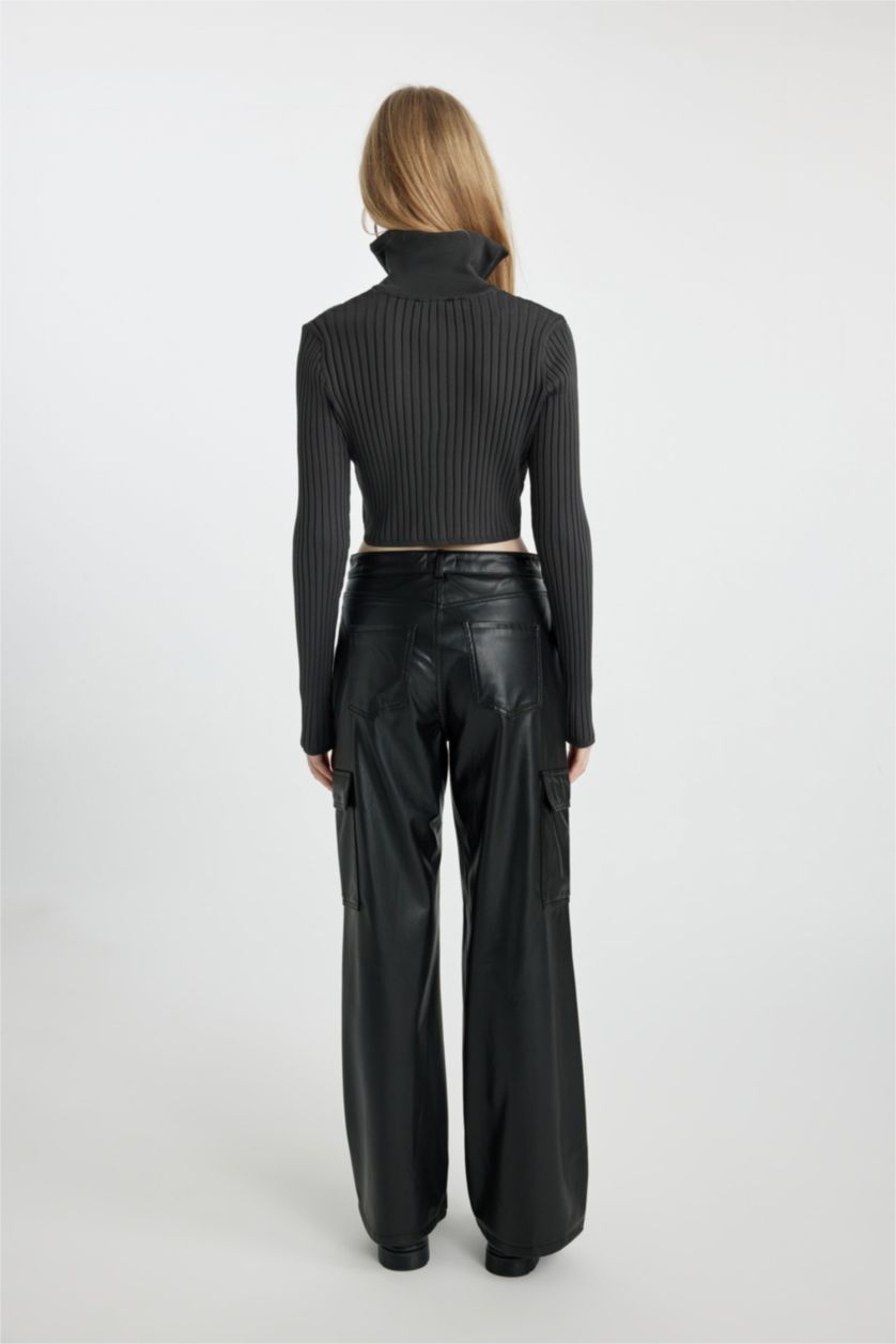 WOMAN Black Wide Leg Cargo Faux Leather Trousers