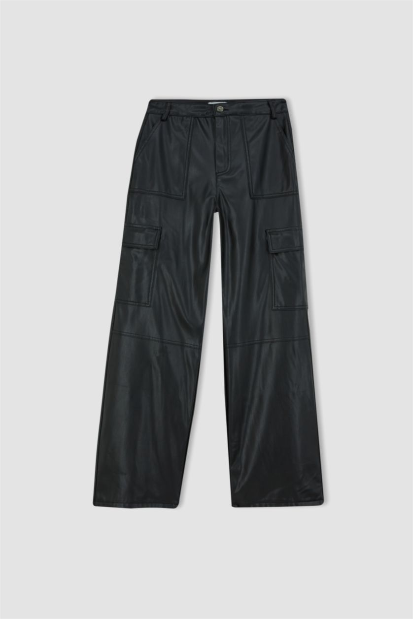 WOMAN Black Wide Leg Cargo Faux Leather Trousers