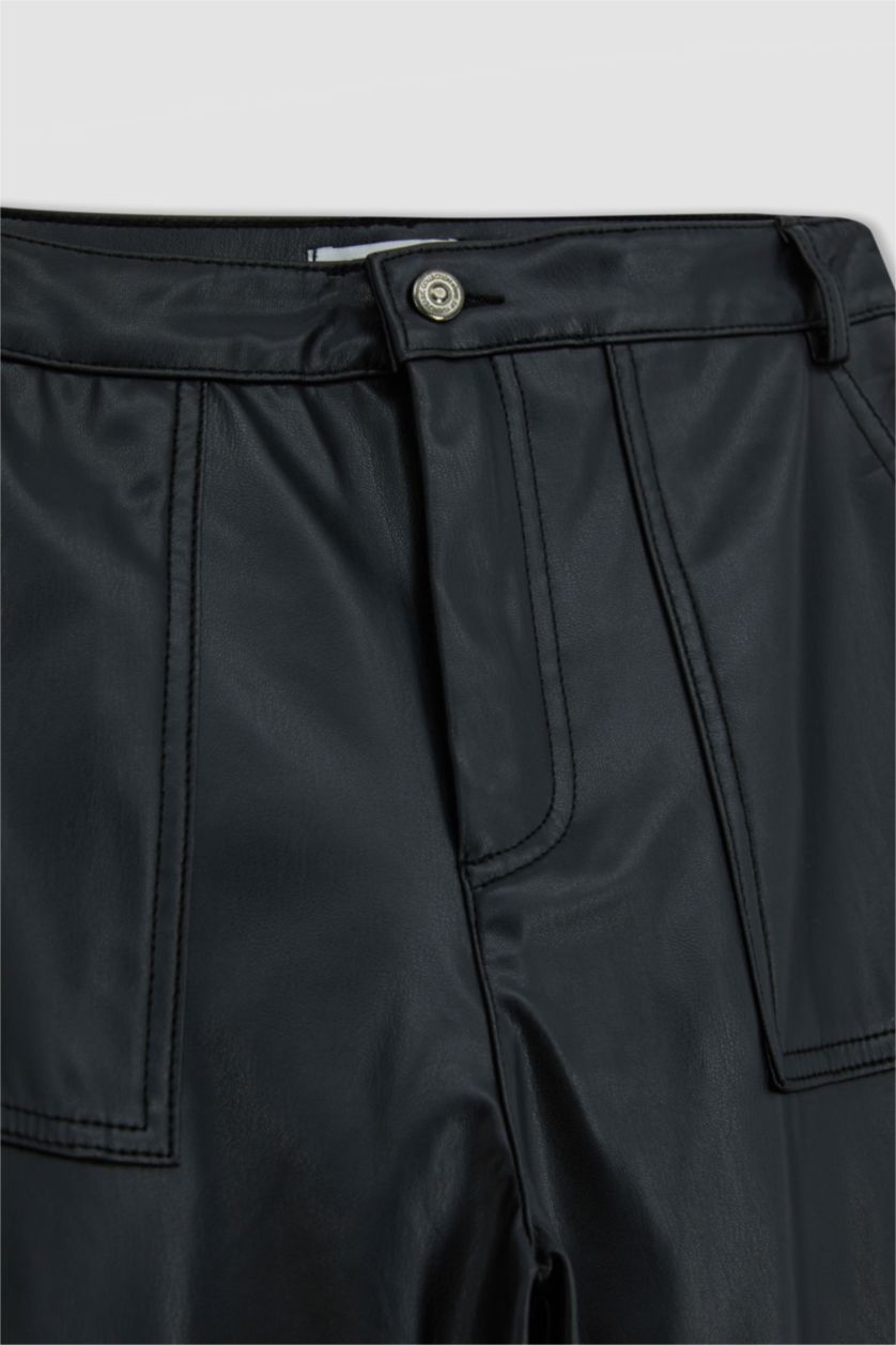 WOMAN Black Wide Leg Cargo Faux Leather Trousers