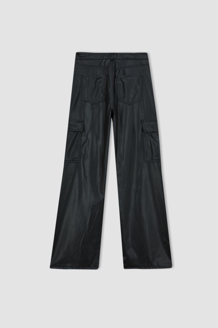 WOMAN Black Wide Leg Cargo Faux Leather Trousers