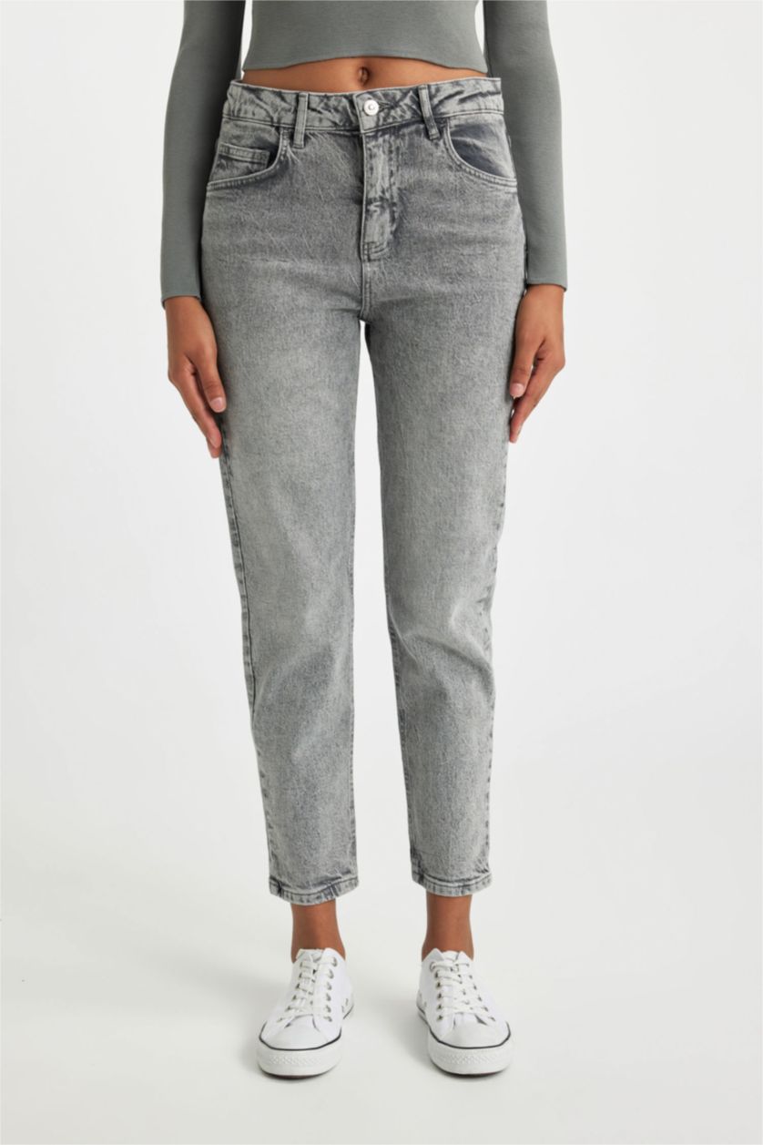 حريمي رمادي بنطلون جينز قصة مريحة بخصر عالي