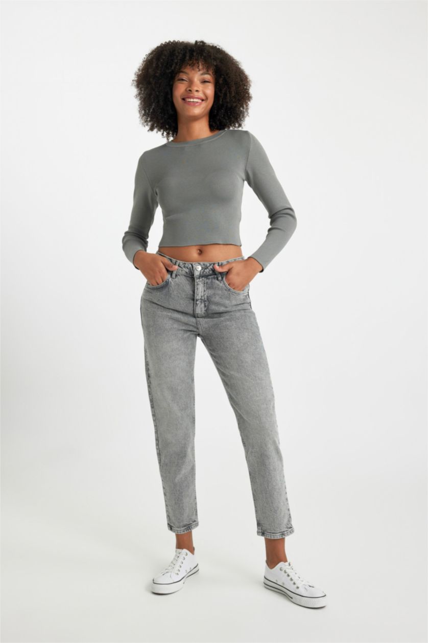 حريمي رمادي بنطلون جينز قصة مريحة بخصر عالي