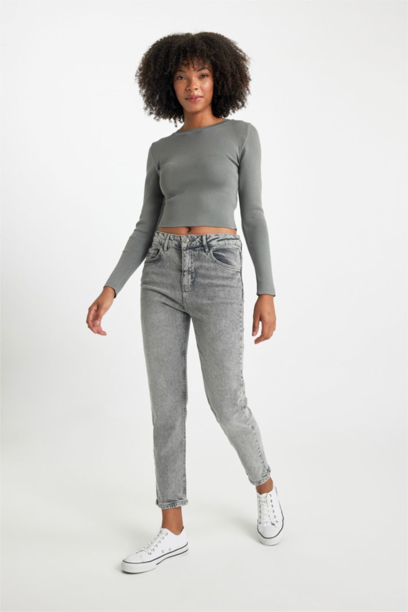 حريمي رمادي بنطلون جينز قصة مريحة بخصر عالي