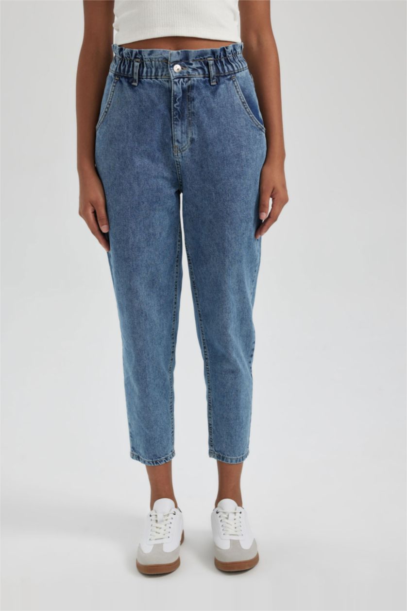WOMAN Blue Paperbag High Waist Straight Leg Ankle Length Jeans