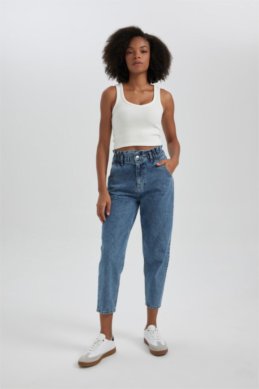 WOMAN Blue Paperbag High Waist Straight Leg Ankle Length Jeans