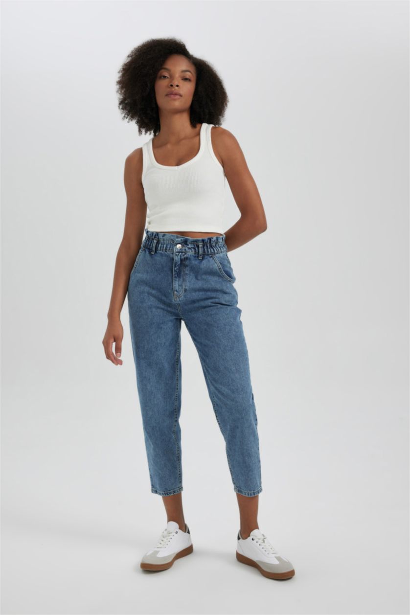 WOMAN Blue Paperbag High Waist Straight Leg Ankle Length Jeans