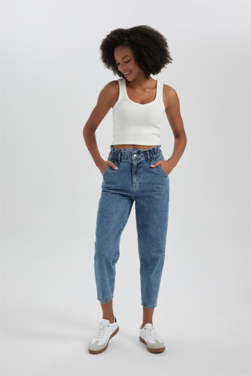 WOMAN Blue Paperbag High Waist Straight Leg Ankle Length Jeans