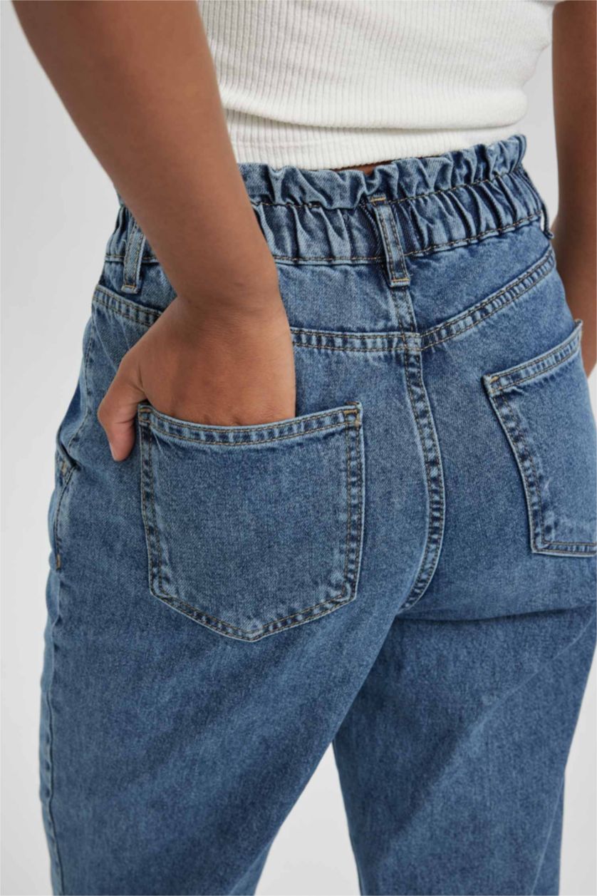 WOMAN Blue Paperbag High Waist Straight Leg Ankle Length Jeans