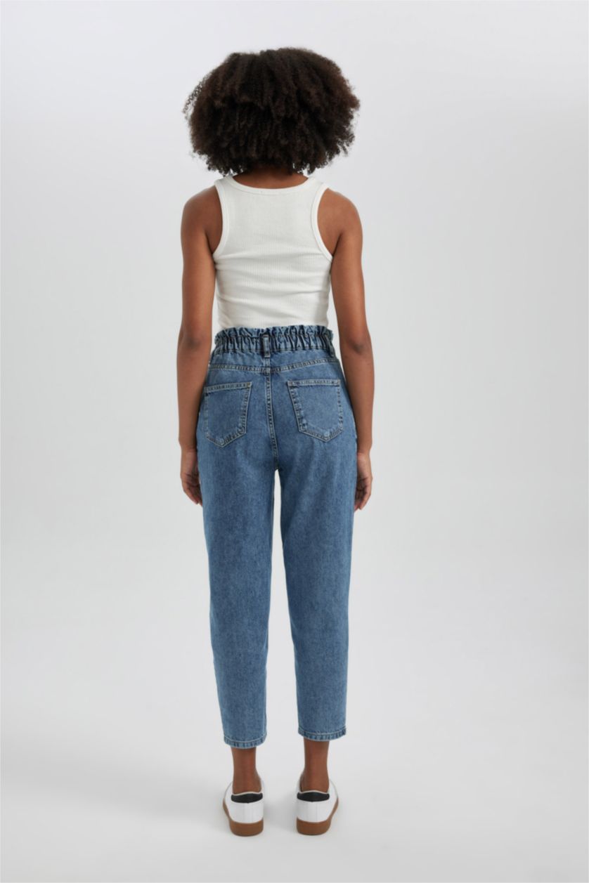 WOMAN Blue Paperbag High Waist Straight Leg Ankle Length Jeans