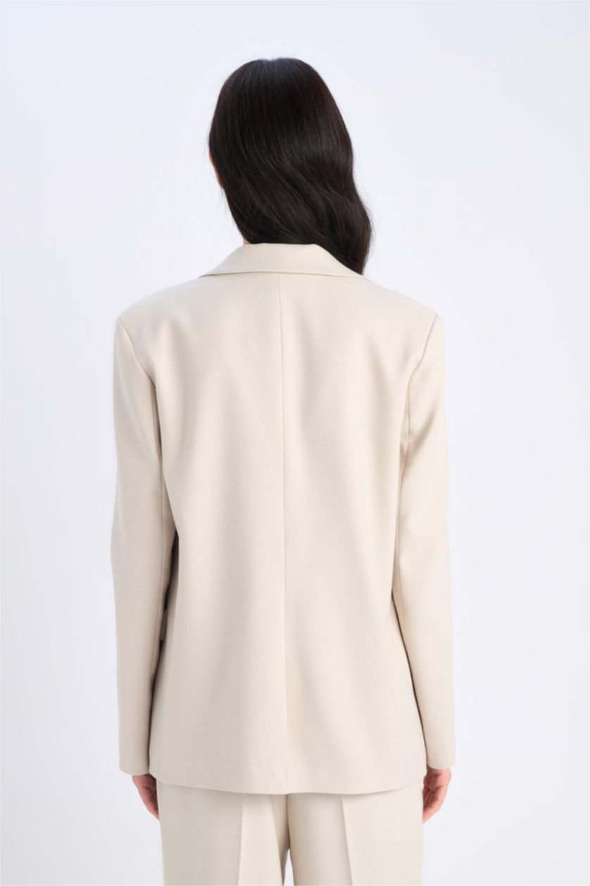 Woman Beige Oversize Fit Buttoned Basic Blazer