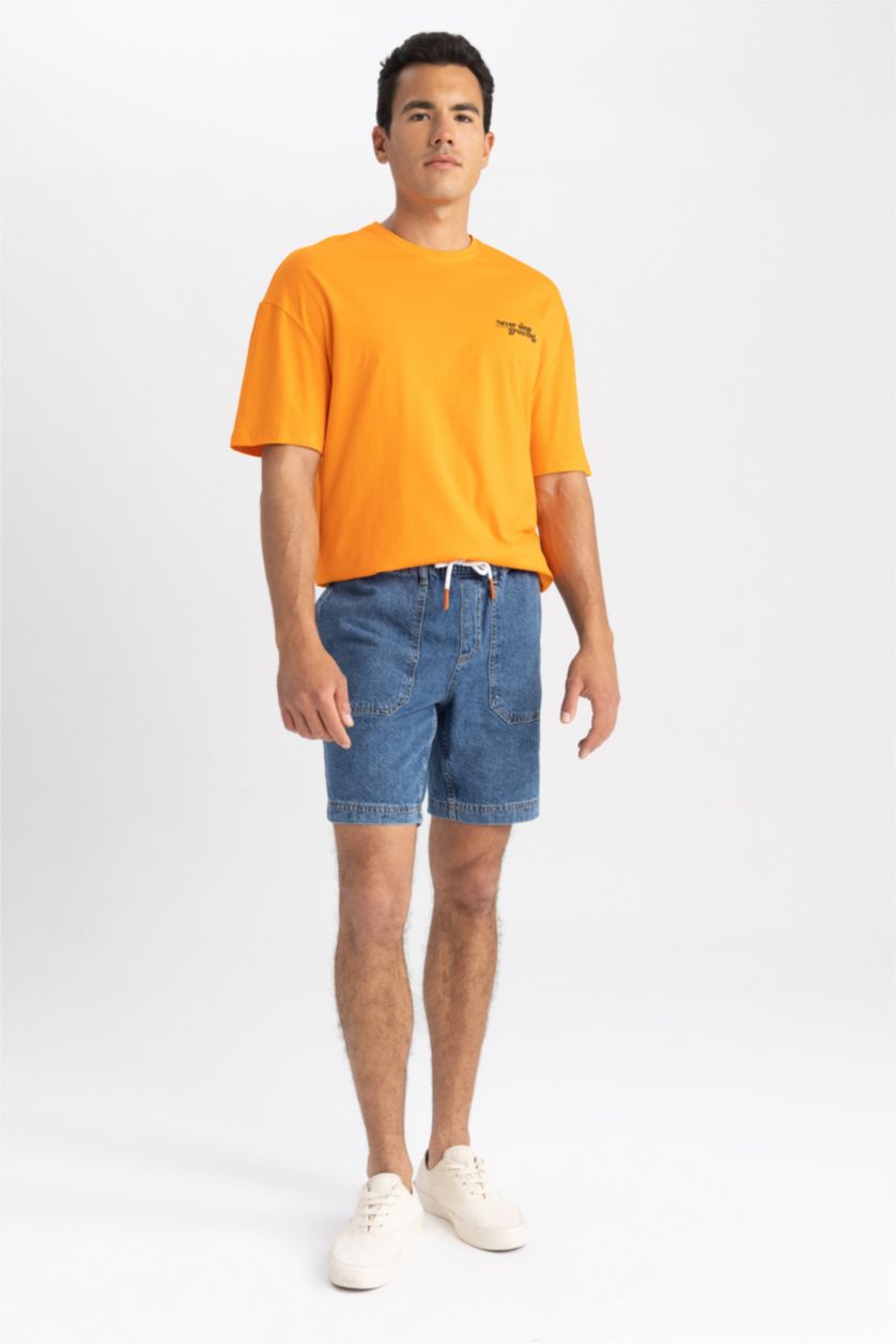 رجالي برتقالي تي شيرت بقصة مريحة مطبوع برقبة مستديرة