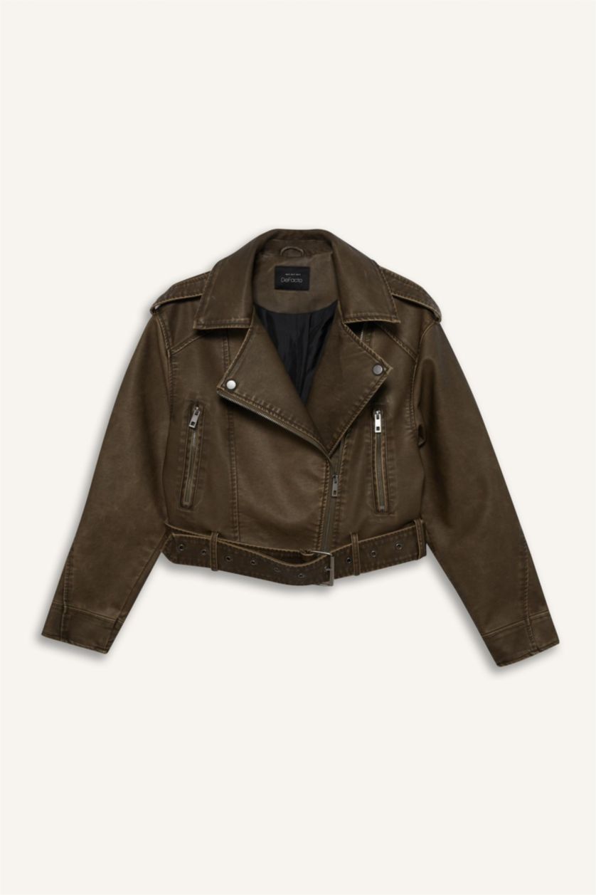 Kadın Kahve Relax Fit Kruvaze Yaka Kemerli Fermuarlı Suni Deri Ceket Mont