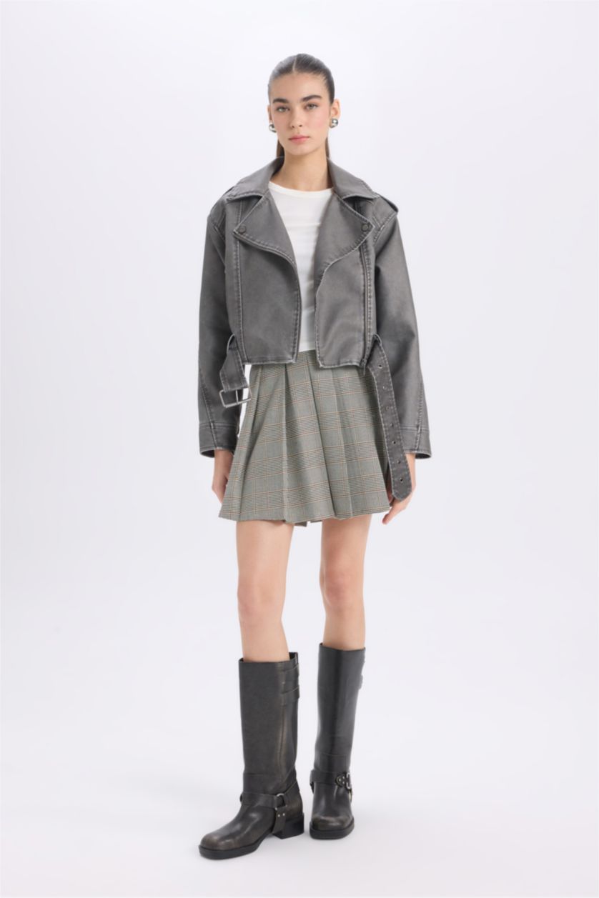 Kadın Gri Relax Fit Suni Deri Ceket Mont Kruvaze Yaka Kemerli Fermuarlı