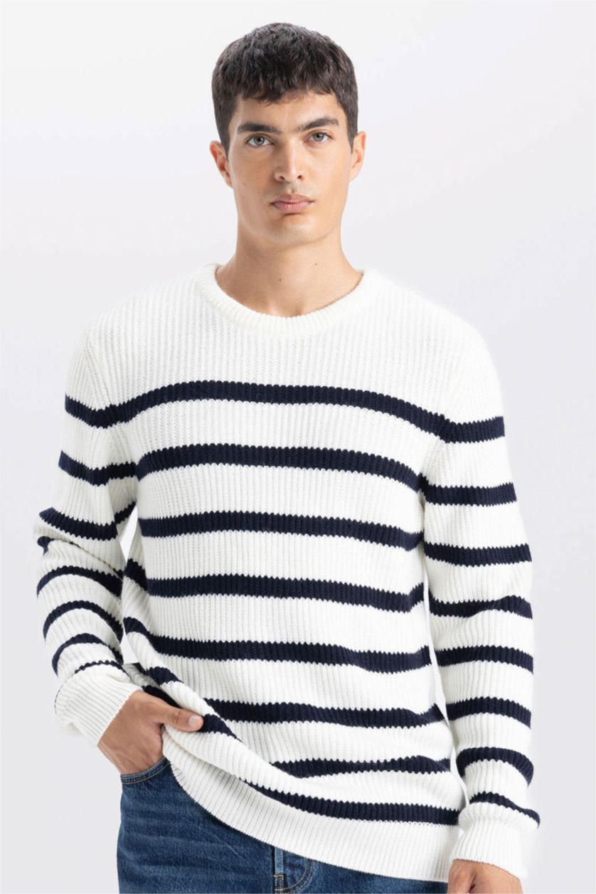 Erkek Ekru Standart Fit Normal Kesim Bisiklet Yaka Çizgili Triko Kazak