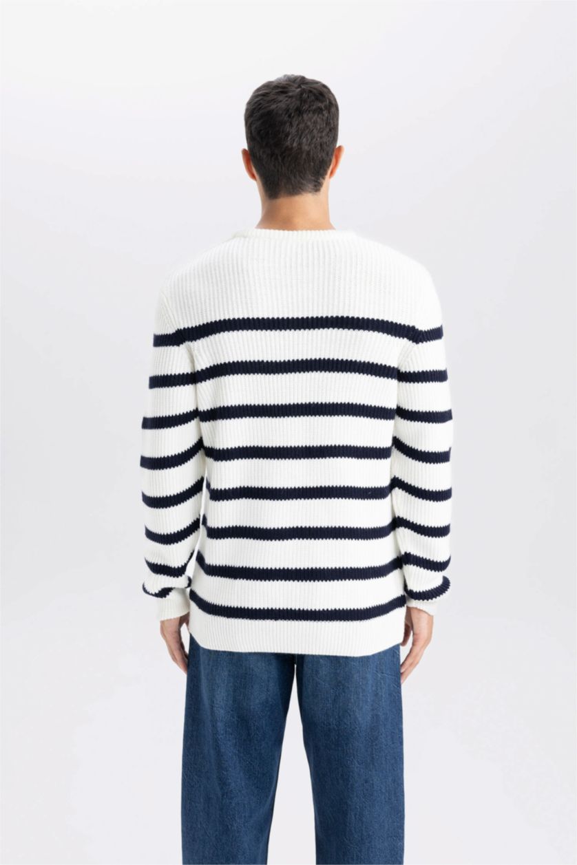 Erkek Ekru Standart Fit Normal Kesim Bisiklet Yaka Çizgili Triko Kazak