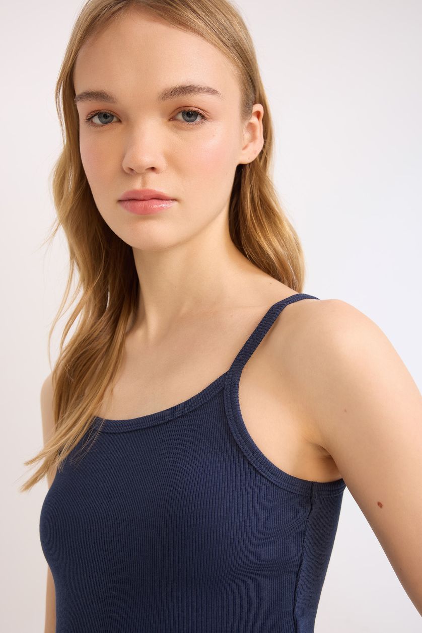 Kadın Lacivert Fitted Vücuda Oturan Fitilli Kaşkorse Basic Düz Atlet