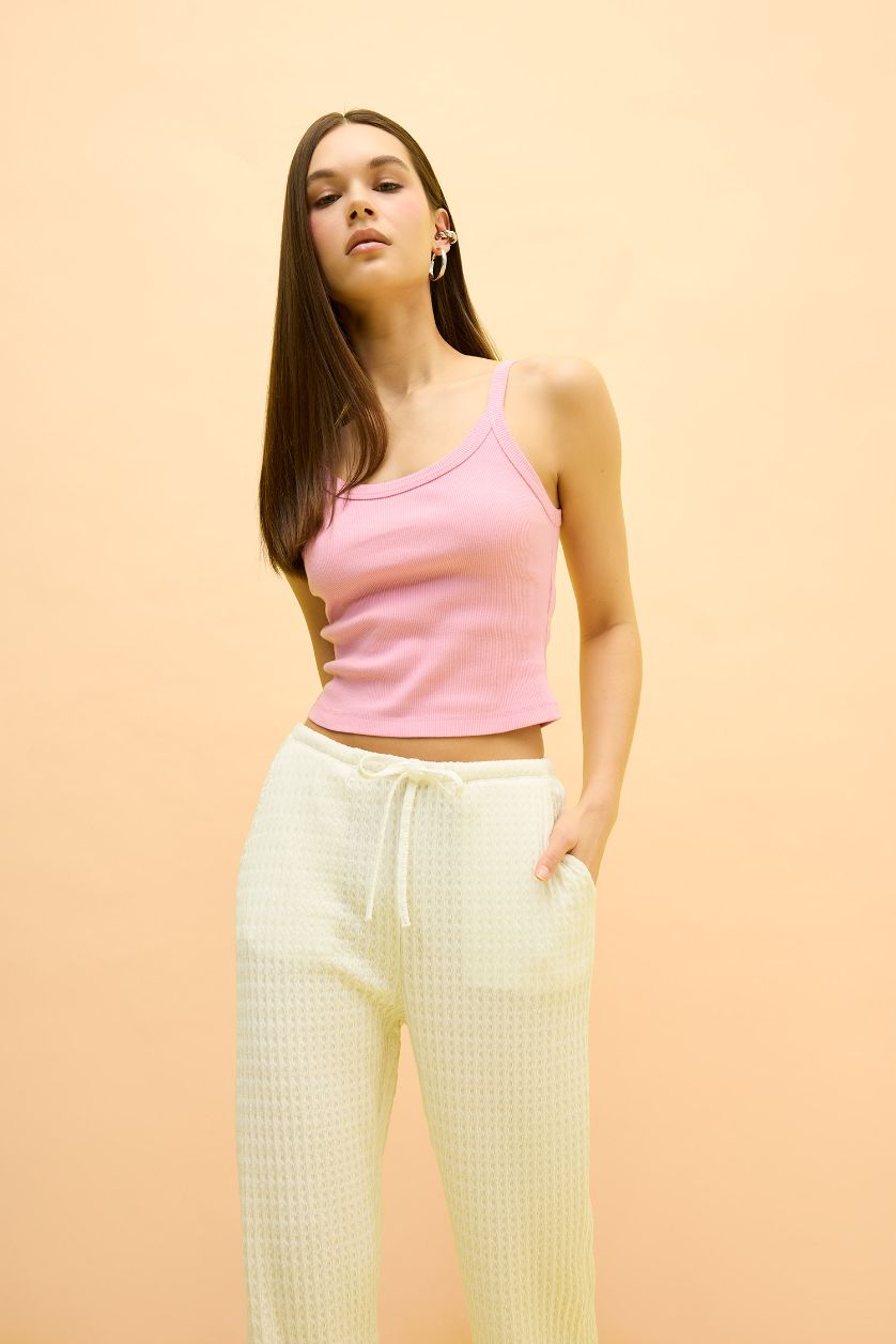 Kadın Pembe Fitted Vücuda Oturan Fitilli Kaşkorse Basic Düz Atlet