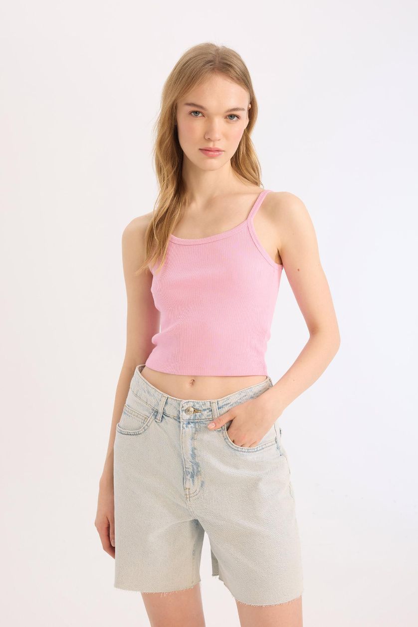 Kadın Pembe Fitted Vücuda Oturan Fitilli Kaşkorse Basic Düz Atlet