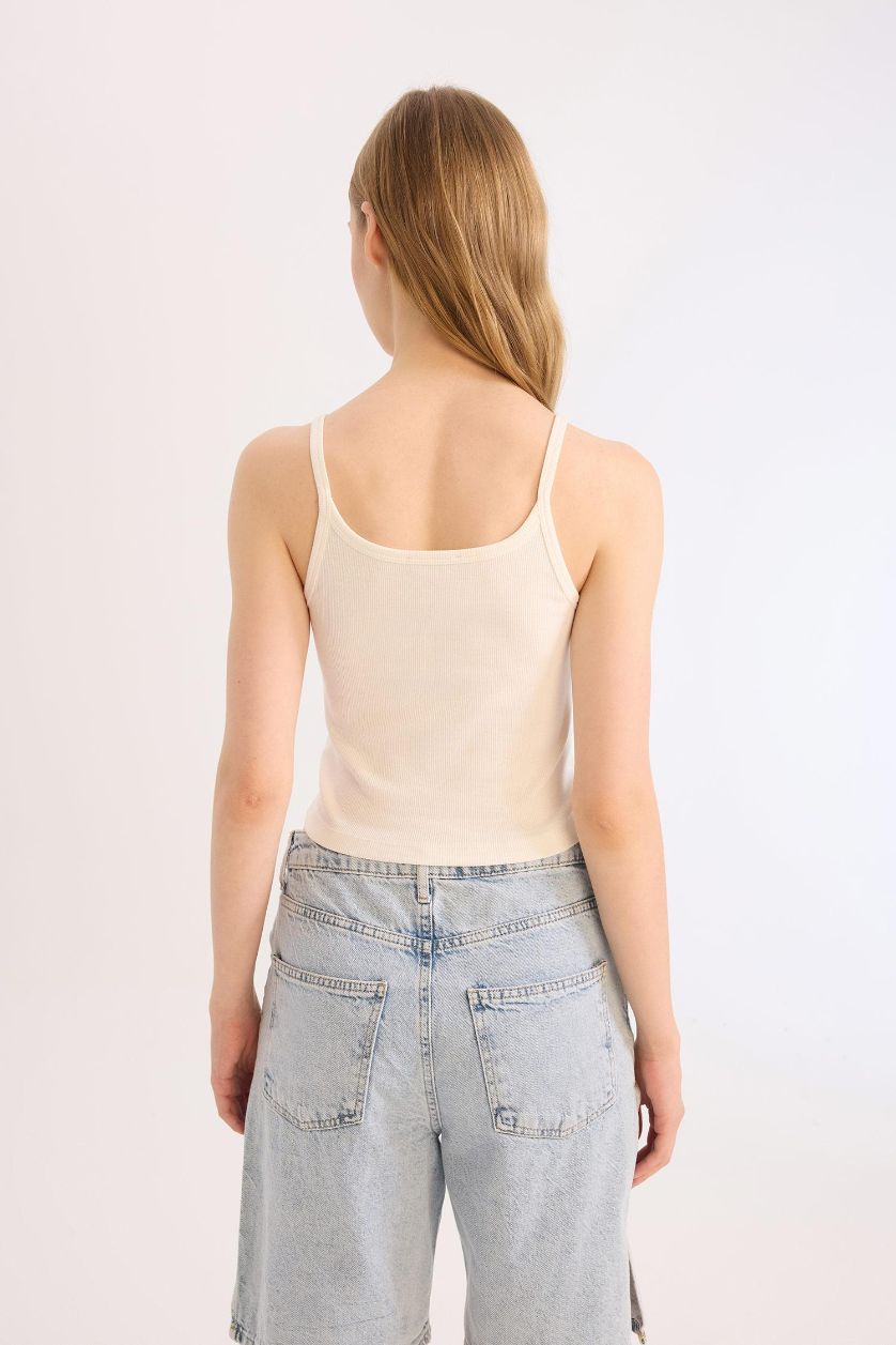 Kadın Kırık Beyaz Fitted Vücuda Oturan Fitilli Kaşkorse Basic Düz Atlet