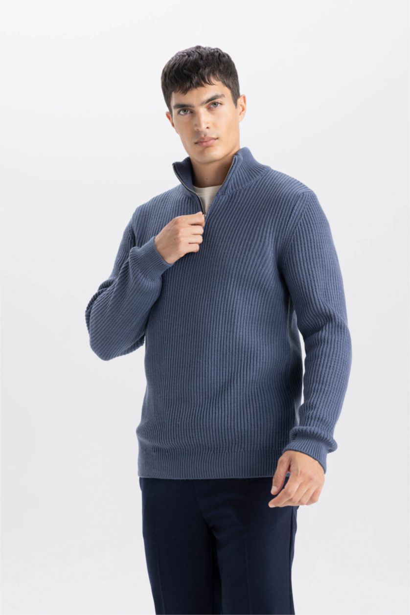 Erkek İndigo Standart Fit Normal Kesim Dik Yaka Fermuarlı Basic Düz Triko Kazak