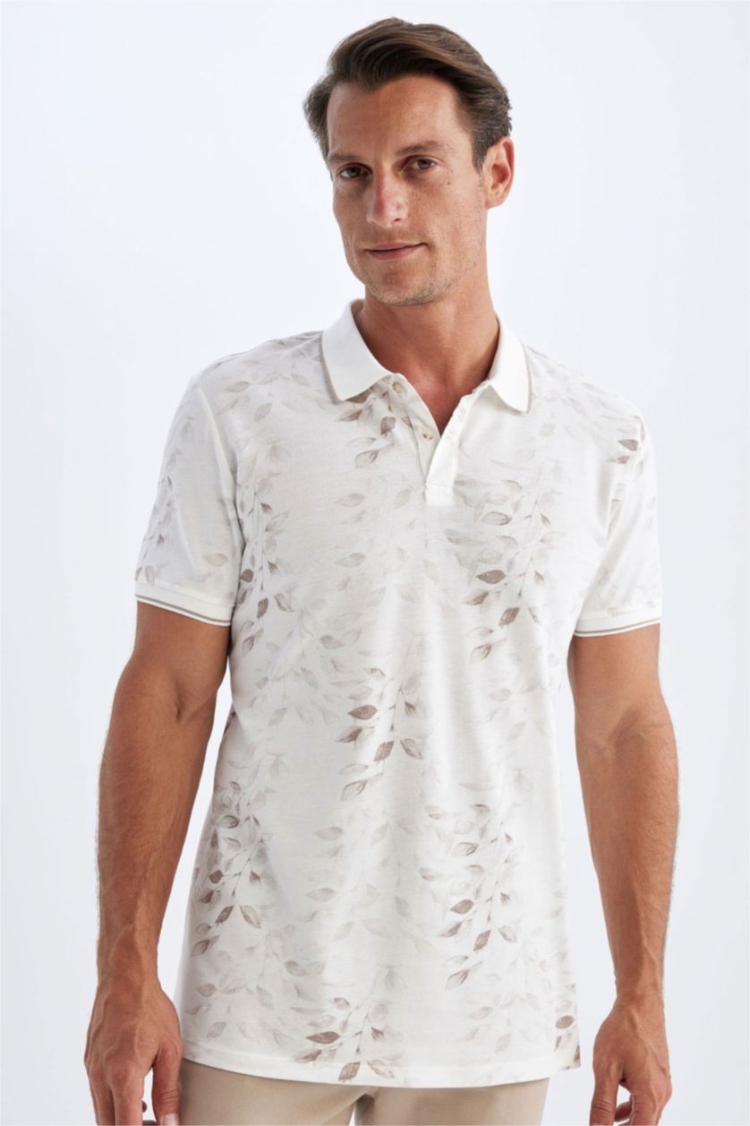 Erkek Kırık Beyaz %100 Pamuk Slim Fit Dar Kesim Polo Yaka Desenli Kısa Kollu Pike Tişört