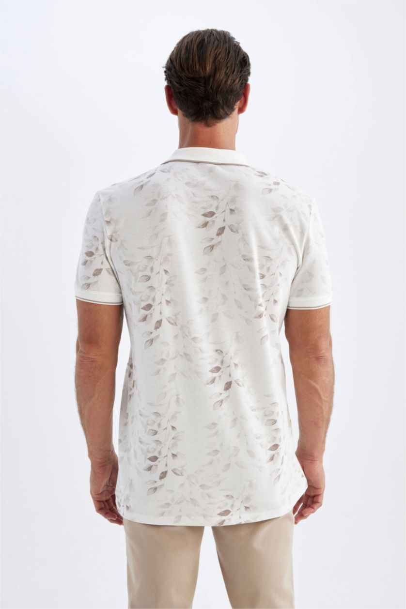 Erkek Kırık Beyaz %100 Pamuk Slim Fit Dar Kesim Polo Yaka Desenli Kısa Kollu Pike Tişört