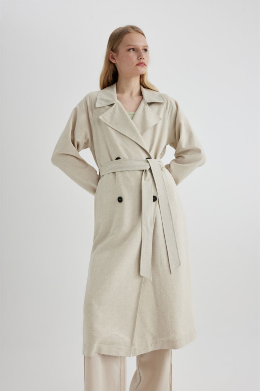 Kadın Kum Su İtici Uzun Trençkot Kruvaze Yaka Düğmeli Cepli Kemerli Apoletli Mevsimlik