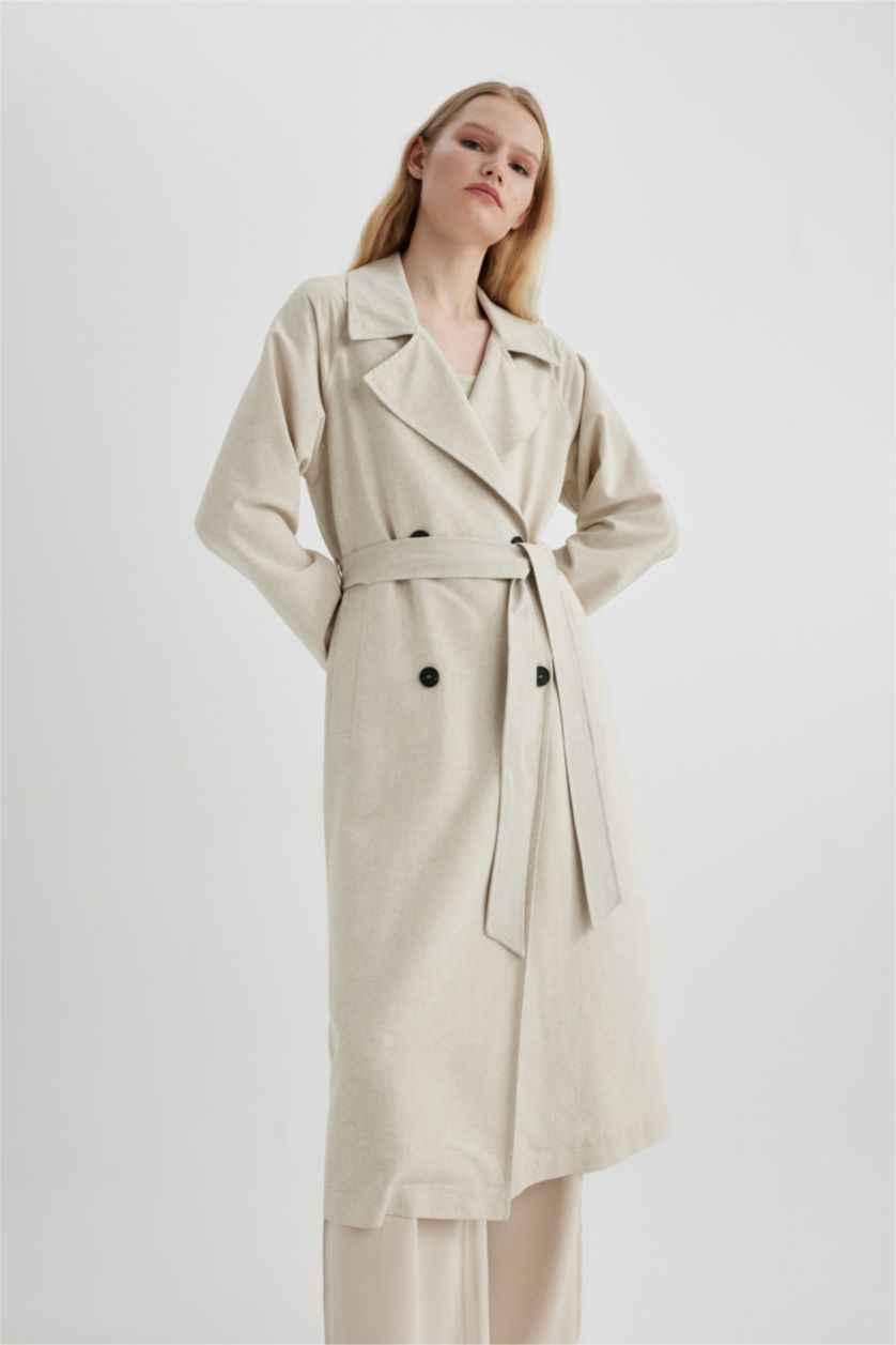 Kadın Kum Su İtici Uzun Trençkot Kruvaze Yaka Düğmeli Cepli Kemerli Apoletli Mevsimlik