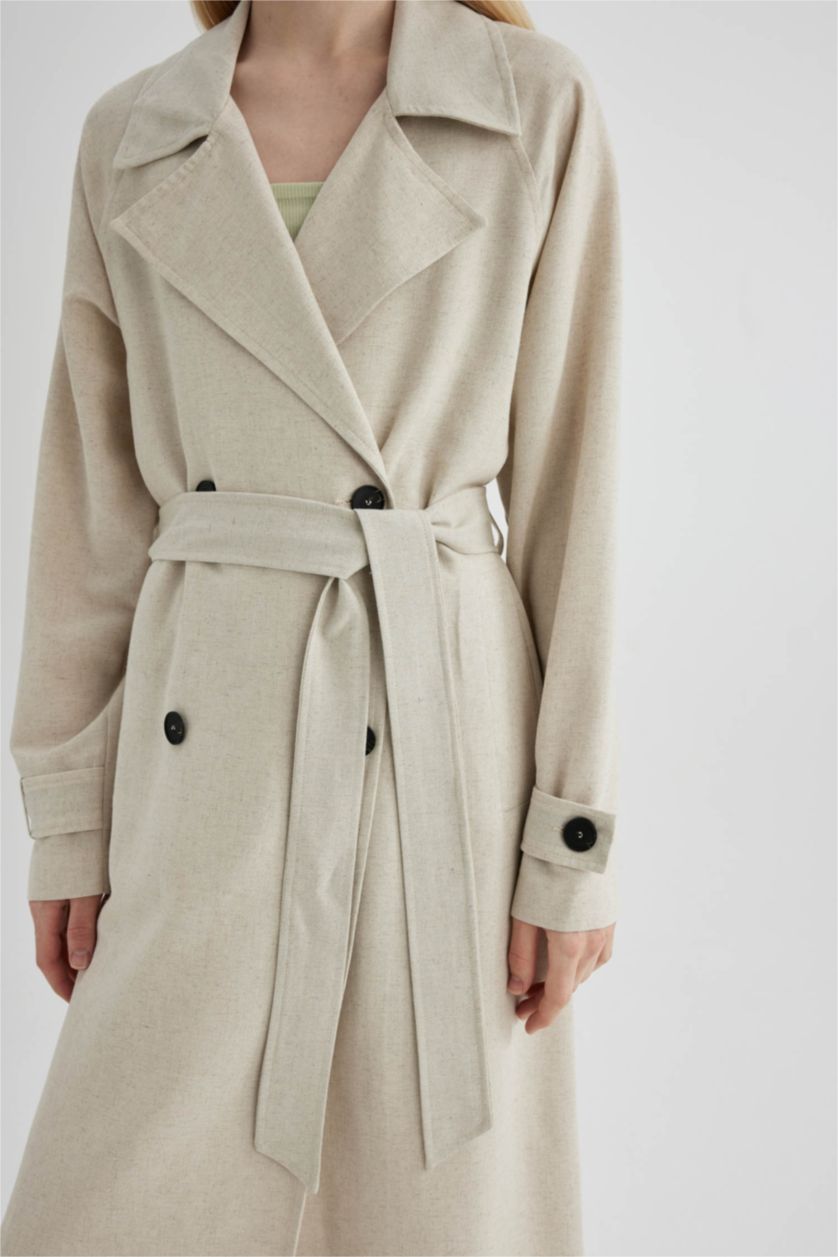 Kadın Kum Su İtici Uzun Trençkot Kruvaze Yaka Düğmeli Cepli Kemerli Apoletli Mevsimlik