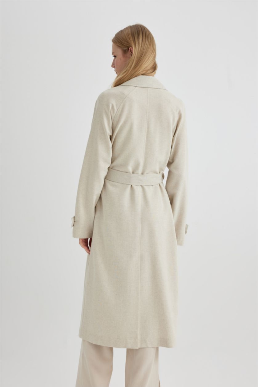 Kadın Kum Su İtici Uzun Trençkot Kruvaze Yaka Düğmeli Cepli Kemerli Apoletli Mevsimlik