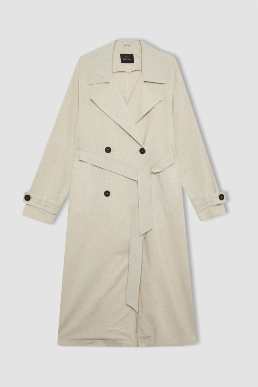 Kadın Kum Su İtici Uzun Trençkot Kruvaze Yaka Düğmeli Cepli Kemerli Apoletli Mevsimlik