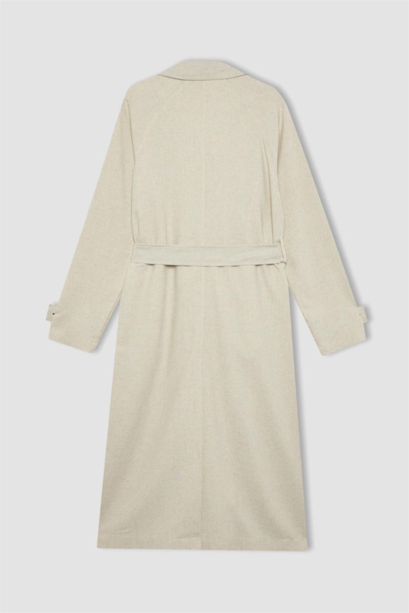 Kadın Kum Su İtici Uzun Trençkot Kruvaze Yaka Düğmeli Cepli Kemerli Apoletli Mevsimlik