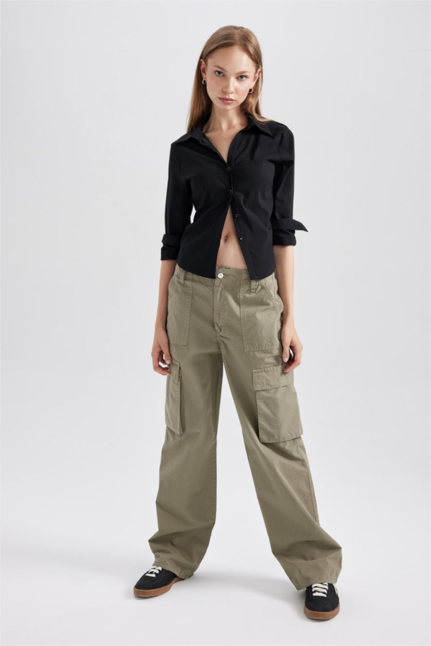 WOMAN Dark Khaki Straight Fit Standard Gabardine Cargo Trousers