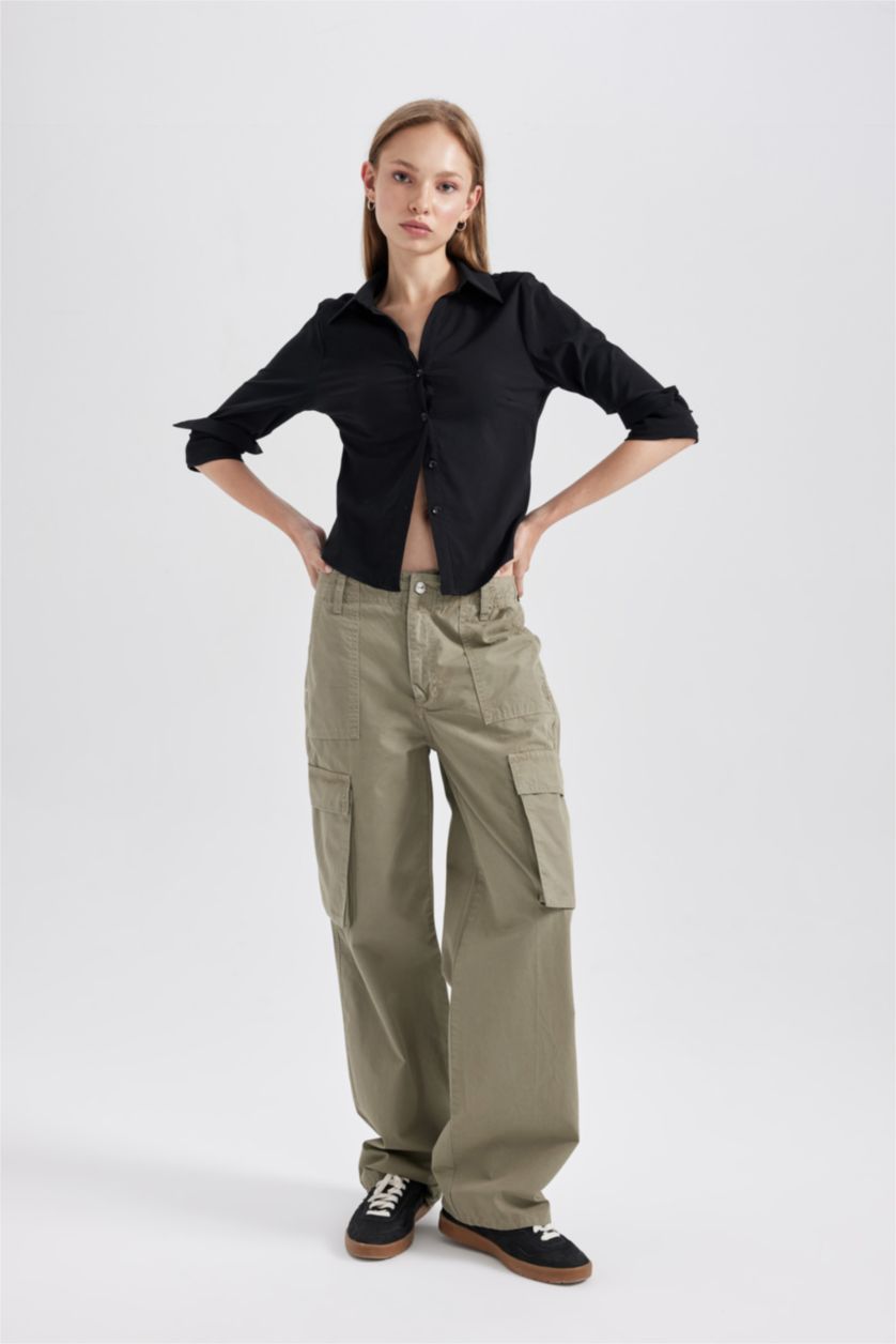 WOMAN Dark Khaki Straight Fit Standard Gabardine Cargo Trousers
