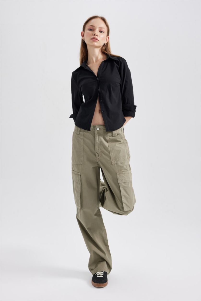 WOMAN Dark Khaki Straight Fit Standard Gabardine Cargo Trousers